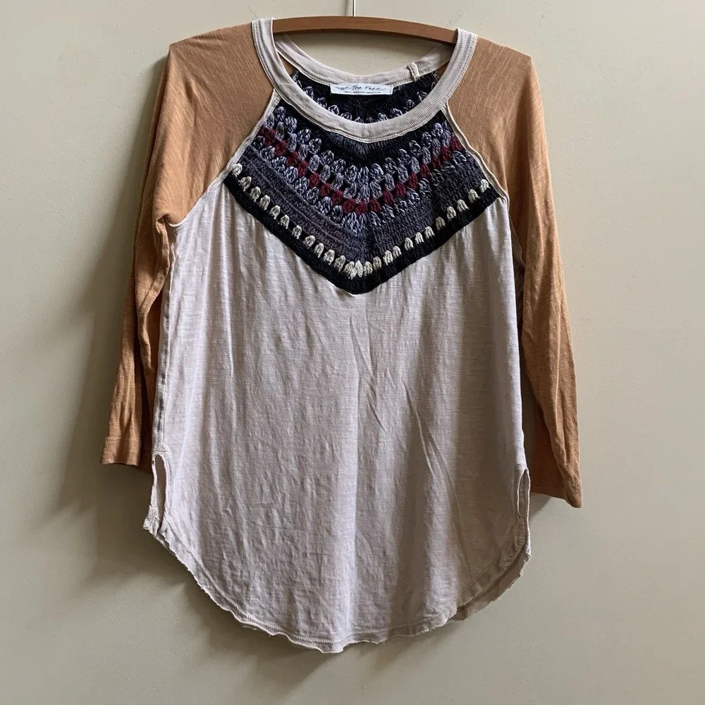 We the Free People Spring Bound Crochet Yoke Linen Blend Top Boho Women's SZ - S